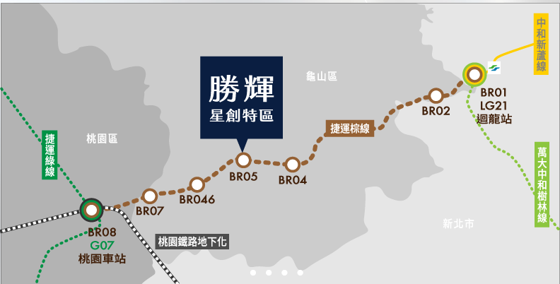桃捷棕線規劃路線圖，勝輝星創特區位於BR05站附近；棕線為規劃示意